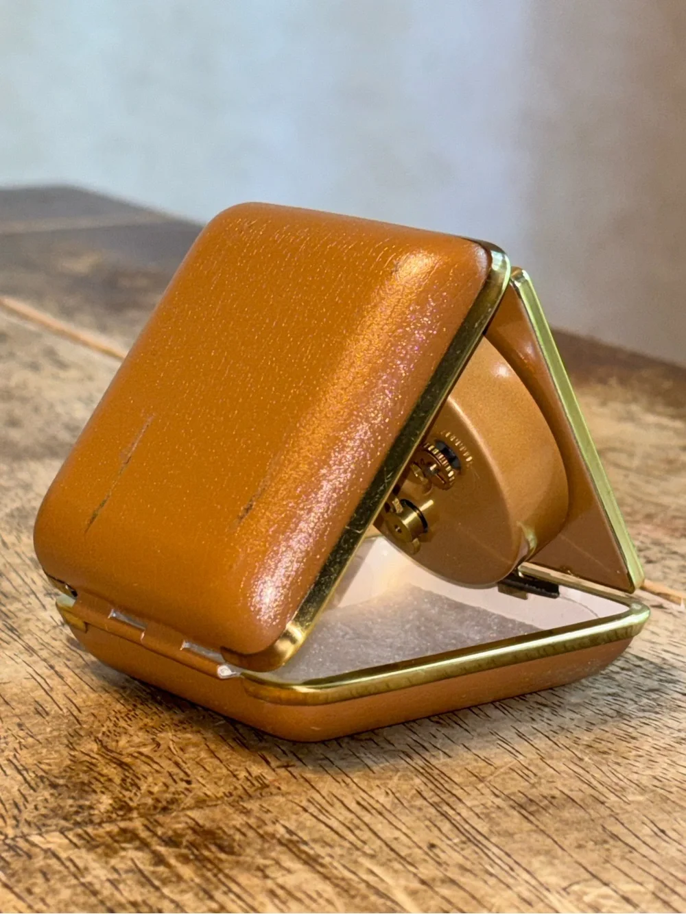Vintage Citizen Japan Folding Travel Alarm Clock Gold Tone Brown Case Luminous